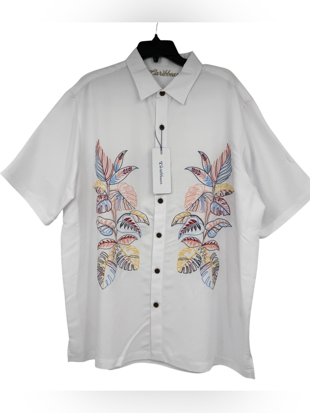 Caribbean Men’s Size XL White Embroidered Hawaiian Shirt NWT